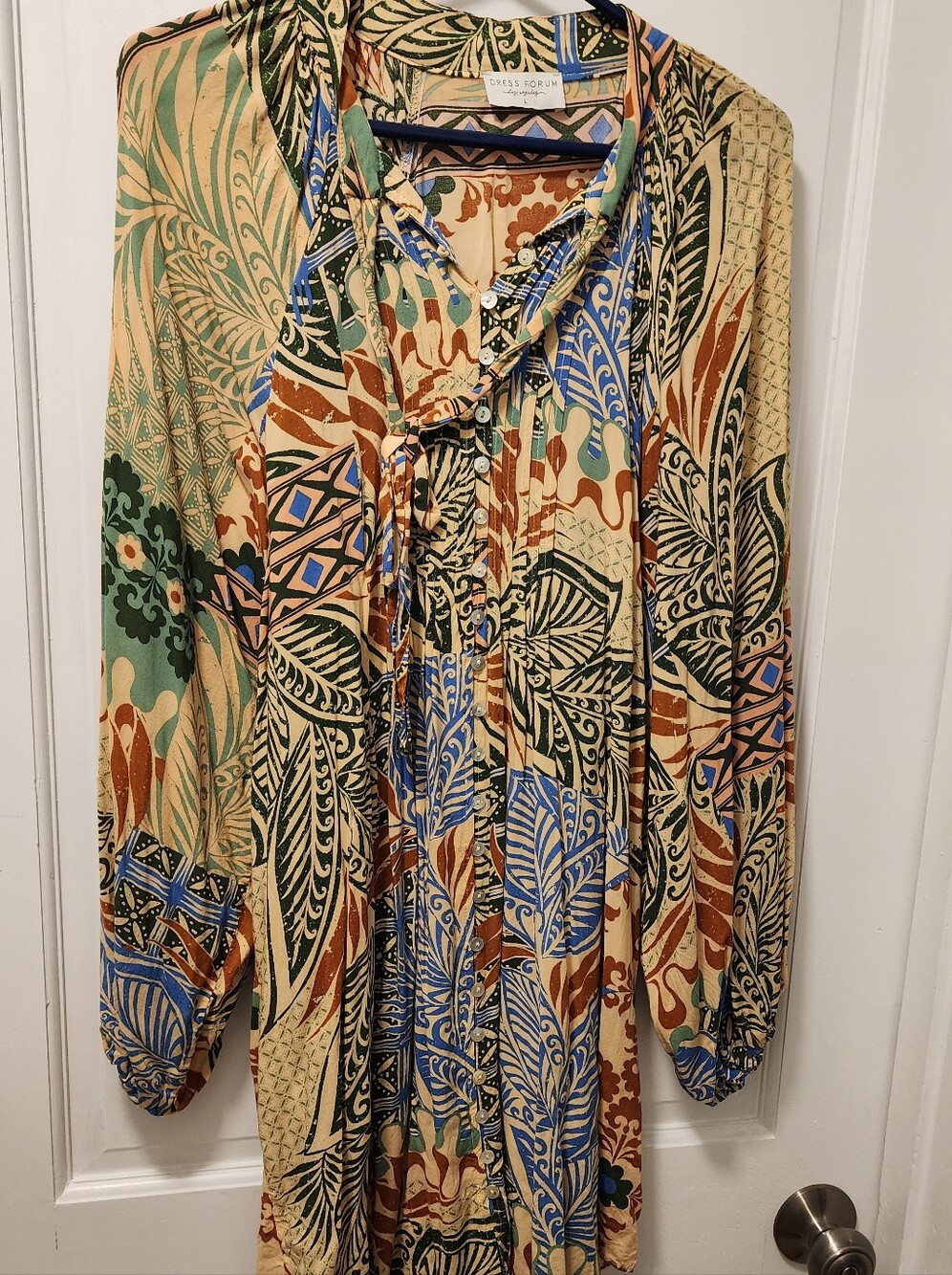 Dress Forum Multicolor Printed Ruffle Dress in Blue, Green, Brown & Beige